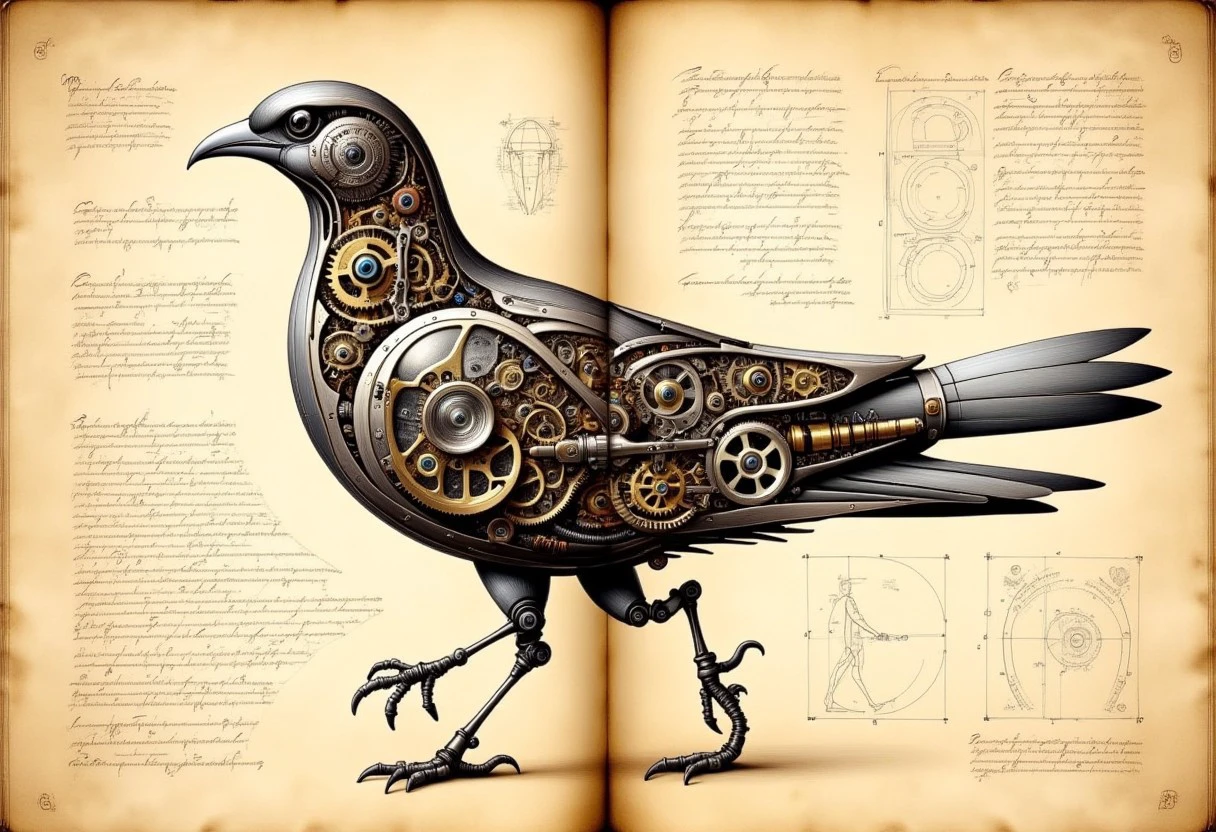 anatomysketch of a bird rendered in a steampunk style. The bird is depicted in an intricate, biomechanical form, with its body composed of various gears, cogs, and other industrial machinery components.
The background of the illustration is a sepia-toned parchment, giving it an aged, vintage appearance. The parchment is adorned with various handwritten notes and diagrams, adding to the steampunk theme and suggesting a scientific or engineering context. The notes are in a cursive script, with some symbols and mathematical notations interspersed.
The illustration is highly detailed and meticulously crafted, with a focus on the intricate interplay of gears and mechanical parts.