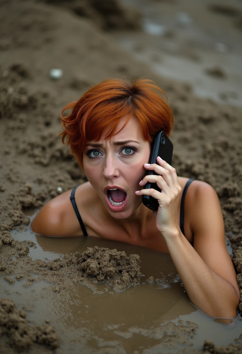 photo of a woman with short red hair, partially submerged in hud_quiks4nd, quicksand, mud, dirt, she is holding a cell phone to her ear, screaming for help, She is facing the viewer, There is a cinematic element, camera view from above