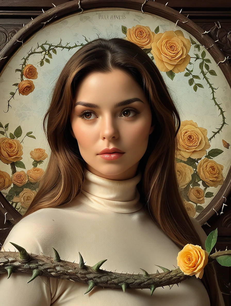 score_9, score_8_up, score_7_up, score_6_up, score_5_up, d3m1r0s3, 1girl, 29yo, solo, brown eyes, [gold flowers:roses:0.5], thorns, cinematic portrait, dark, contrast, photo, sub surface scattering, skin detail, skin pores, rim light, raytracing, long hair, lowered eyelids, alluring, looking away, [mandala, geometric background:flower background:0.6], turtleneck, complex background, realistic, <lora:D3m1R0s3_RealPony:0.95>,