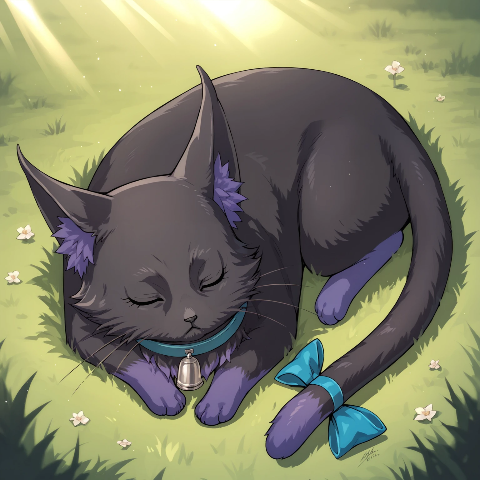 sleeping, grass, light rays, windy, lying, full body, 
c3line,cat,feral,black fur,purple fur,chest tuft,inner ear fluff,bell collar,tail, tail bow,whiskers,
score_9,score_8_up,score_7_up,score_6_up,score_5_up <lora:Celine_millstein_v1_ed:1>