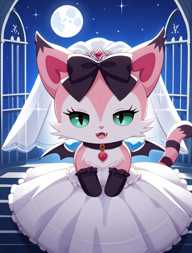 score_10, score_9_up, score_8_up, Vampire_Mia, 1girl, solo, looking at viewer, smile, open mouth, bow, green eyes, tail, hair bow, wings, no humans, sparkle, black bow, :3, night, fangs, moon, cat, bat wings, full moon, body fur, church, wedding dress, wedding veil