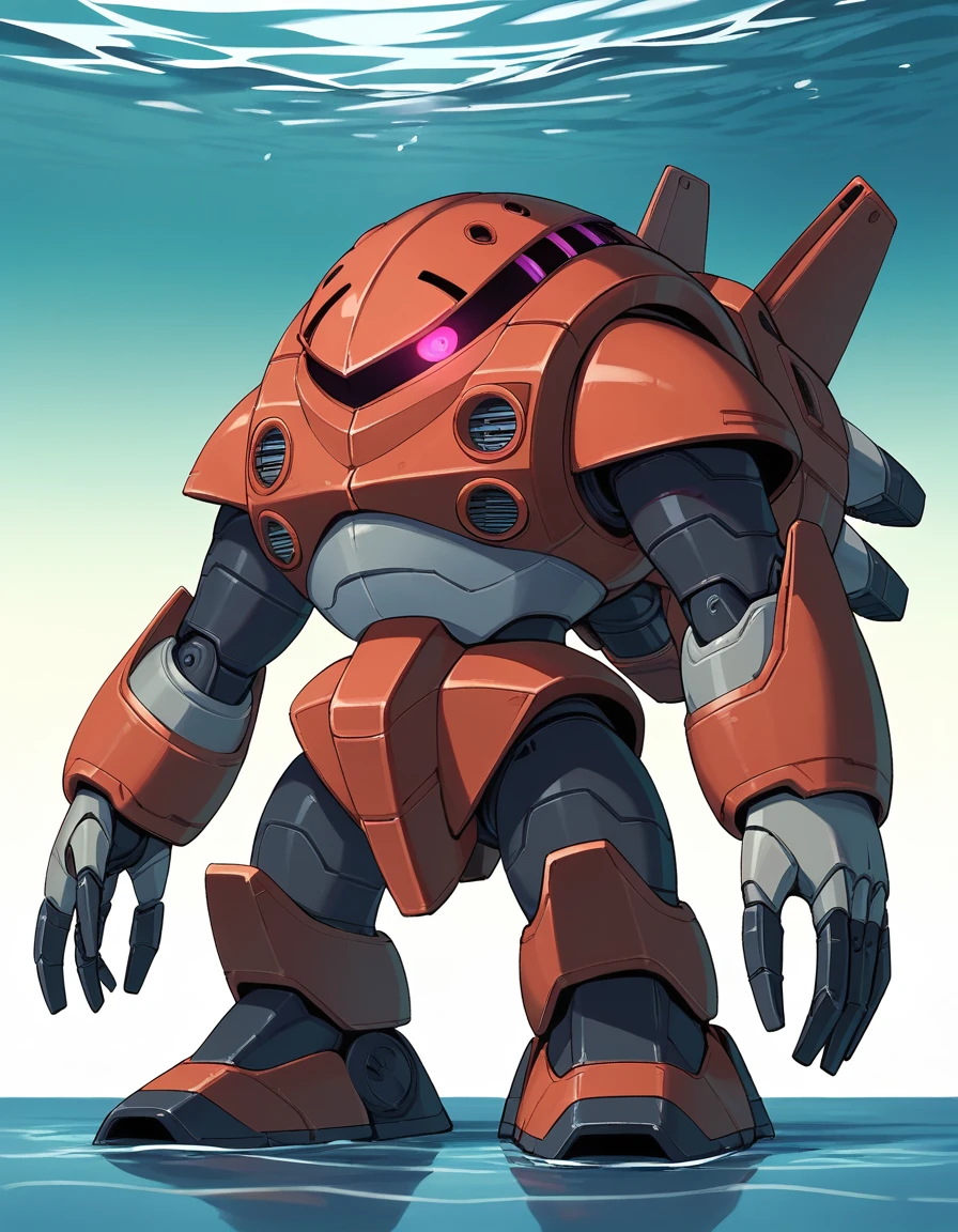 score_9, score_8_up, score_7_up, BREAK, ,Amphibious Mobile Suit, mecha, robot, one eye, glowing eye, underwater, ocean floor