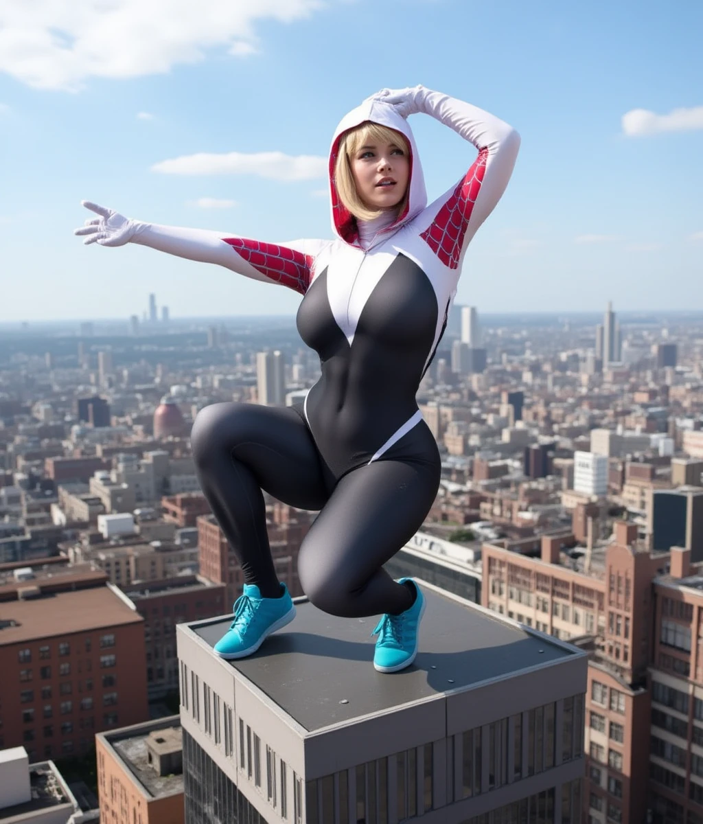 SpiderGwen is a blond short hair woman is posing like a superhero landing on top of a building she wears a spidergwen bodysuit with a hood and blue snickers<lora:SpiderGwen:1>