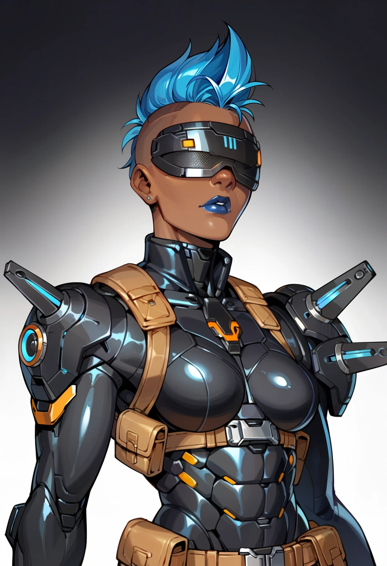 score_9,score_8_up,score_7_up,score_6_up,1girl,solo,dark background,(upper body:1.15),black bodysuit,science fiction,blue hair,mohawk,belt pouch,armor,dark-skinned female,no eyes,hidden eyes,shoulder spikes,visor,blue lips,black gloves,cyborg,mechanical legs,medium breasts,boots,full body,       <lora:MyTrainings\Temp\Mad_Maggie_Outlawed_Tech_XL_Pony_ARZUMATA-000009.safetensors:0.5>