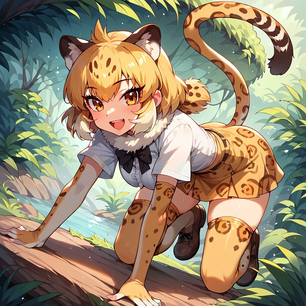 1girl, ((solo)) best quality, ultra-detailed, extremely detailed, perfect anatomy, masterpiece, score_9, score_8_up, score_7_up, jaguar (kemono friends), animal ears, jaguar ears, blonde hair, short hair, bangs, jaguar print, multicolored hair, tail, jaguar tail, white shirt, frills, skirt, high-waist skirt, print skirt, fur collar, center frills, gloves, elbow gloves, print gloves, short sleeves, black bowtie, thighhighs, animal print, print legwear, shoes, open mouth smile, happy, looking at viewer, in the jungle, jungle river, jungle with a river background, standing, dutch angle, leaning forward, crouched forward, (about to pounce:1.3), closeup, face focus,