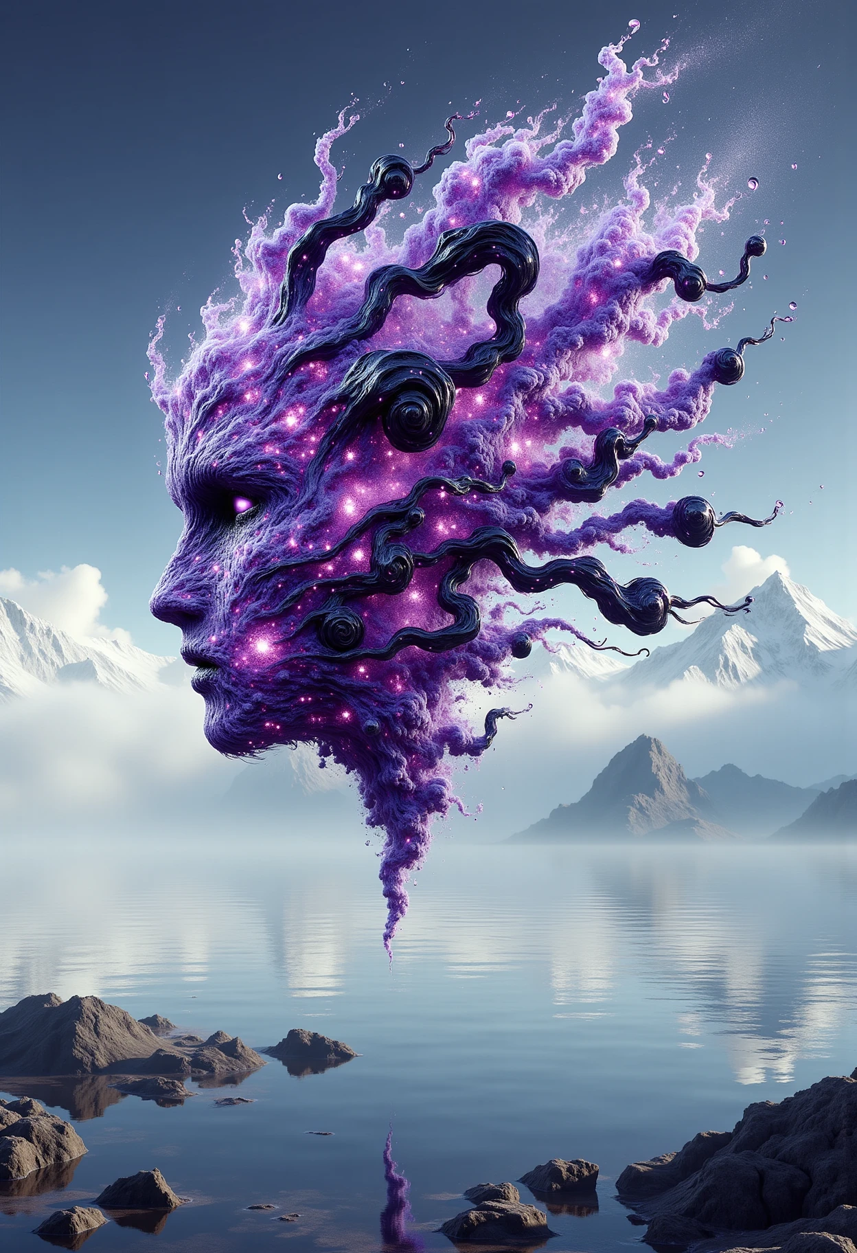 donmw15pFX floating wisp head made of purple obsidian radiant,   cyberpunk metropolis,miasma,,echoing mountain,reflection on water, <lora:FLux\donmw15pFX-000009.safetensors:0.8>,