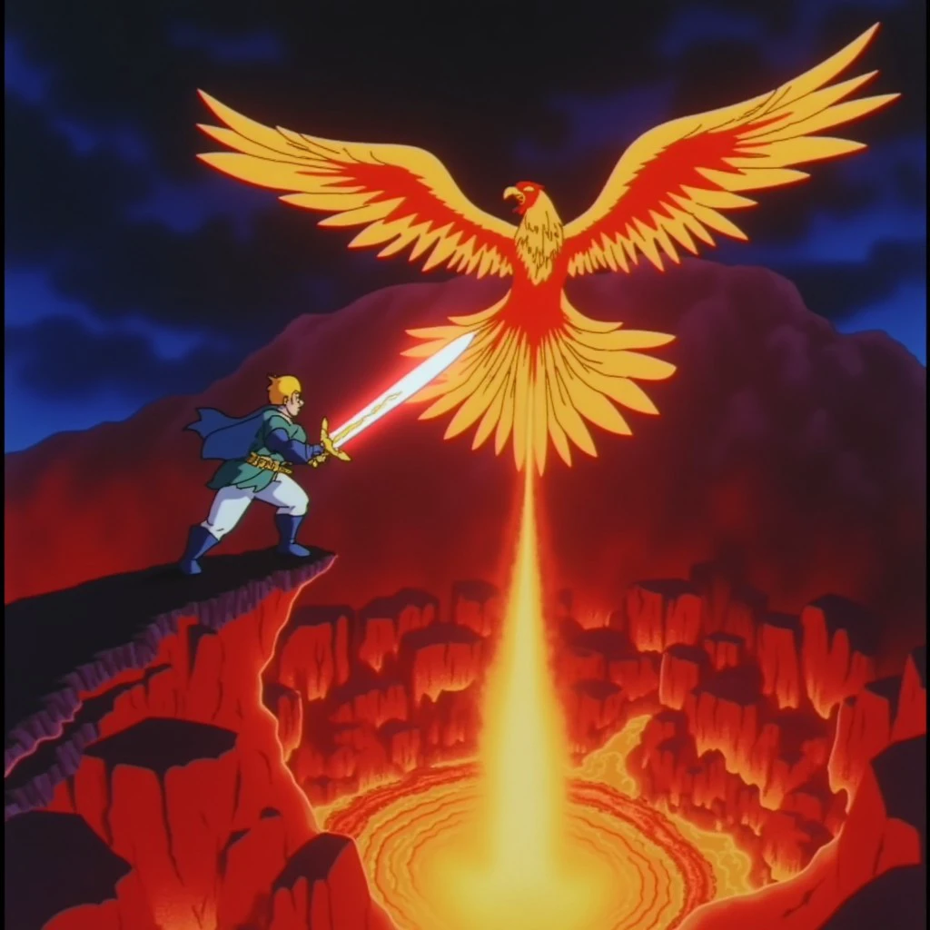 Anime screencap, a hero standing on the edge of a volcanic crater, wielding a flaming sword that blazes with fierce intensity. Below, lava bubbles and churns, casting a fiery glow. From the flames, a magnificent phoenix rises, its wings spreading wide as it ascends into the night sky. Retro anime style