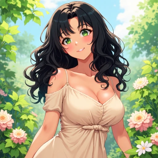 1girl, (curly hair), long hair, (black hair), mature female, (parted hair:1.7), (round face:1.2), (no_bangs:1.3), (no_fringe:1.6), (thick eyebrows), (curvy), round-chin, (greenish hazel eyes), caucasian, (downturned eyes:1.4), plump face, eto_oc, skindentation, plump, thick thighs, wide hips, busty, voluptuous, kinky curls, lips, glistening skin, best quality, amazing quality, best aesthetic, absurdres, expressive eyes, illustration, Volumetric_Lighting, ultra-detailed, very aesthetic, intricate details, 8k, masterpiece, best_quality, smile, (seductive pose), (in a garden with flowers), (wearing a sundress), <lora:ETO_OC_Flux:0.8>, anime style, <lora:aesthetic10k:0.4> anime art of woman,