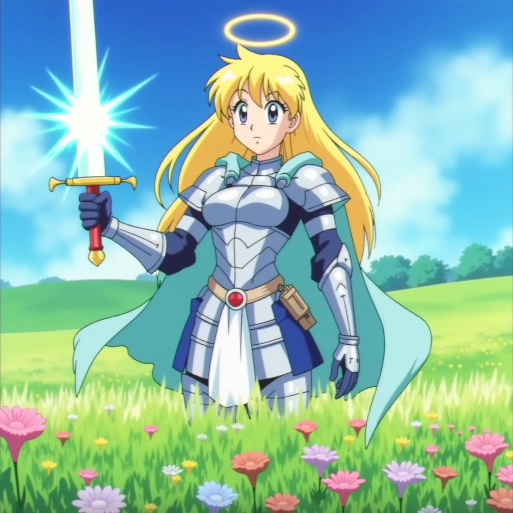 Anime screencap, a valiant knightess standing in a sunlit meadow, her golden hair shining like a halo. She wears gleaming silver armor with intricate engravings and a flowing blue cape. Her eyes, the color of the clear sky, are filled with unwavering resolve. In her hand, she holds a radiant sword that glows with a holy light, and around her, flowers bloom in response to her presence. Retro anime style