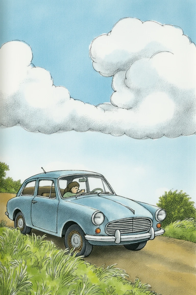 Illustration of an automobile, outdoors, cloudy sky, grass, trees