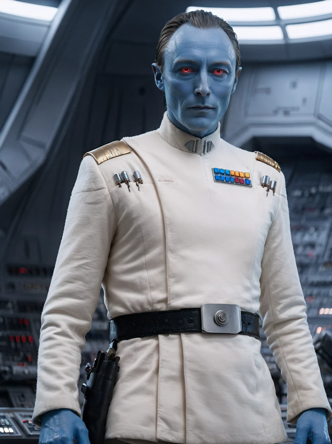 (upper body1.5) shot of actor Lars Mikkelsen as <lora:GrandAdmiralThrawn:0.8> GrandAdmiralThrawn with (((blue skin and red eyes))) and wearing a white uniform with black boots, is standing with arms folded, background of starship cockpit with glowing neon paintings, strong rim lighting, indoors, tile floor, film, detailed background, different people, space opera, realistic, sci fi style, cinematic light, dramatic lighting, perfect color, perfect scene, <lora:star wars style v2:0.2> star wars style, shallow depth of field, vignette, highly detailed, high budget, bokeh, cinemascope, moody, epic, gorgeous, masterpiece