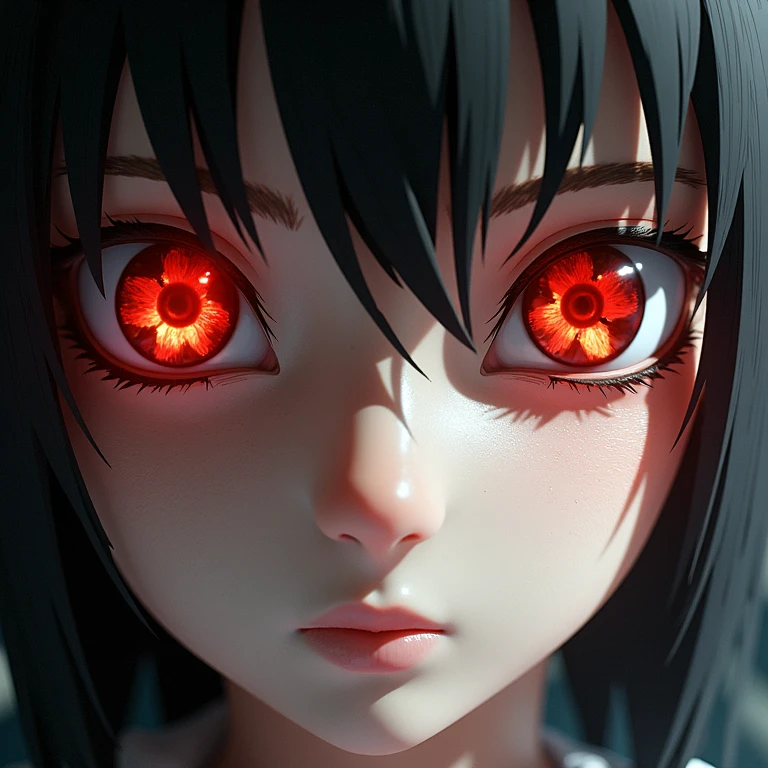 A picture shows a girl's face with sharingan in two eyes. conceptual art, abstract art, unreal, photorealistic,<lora:sharingan_blend_flux.safetensors:1.0>