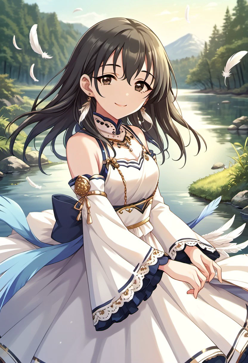 score_9, score_8_up, score_7_up, source_anime, fujiwara hajime, black hair, brown eyes, long hair, 1girl, solo, dress, detached sleeves, feathers, smile, white dress, lake, outdoors, jewelry, earrings, looking at viewer