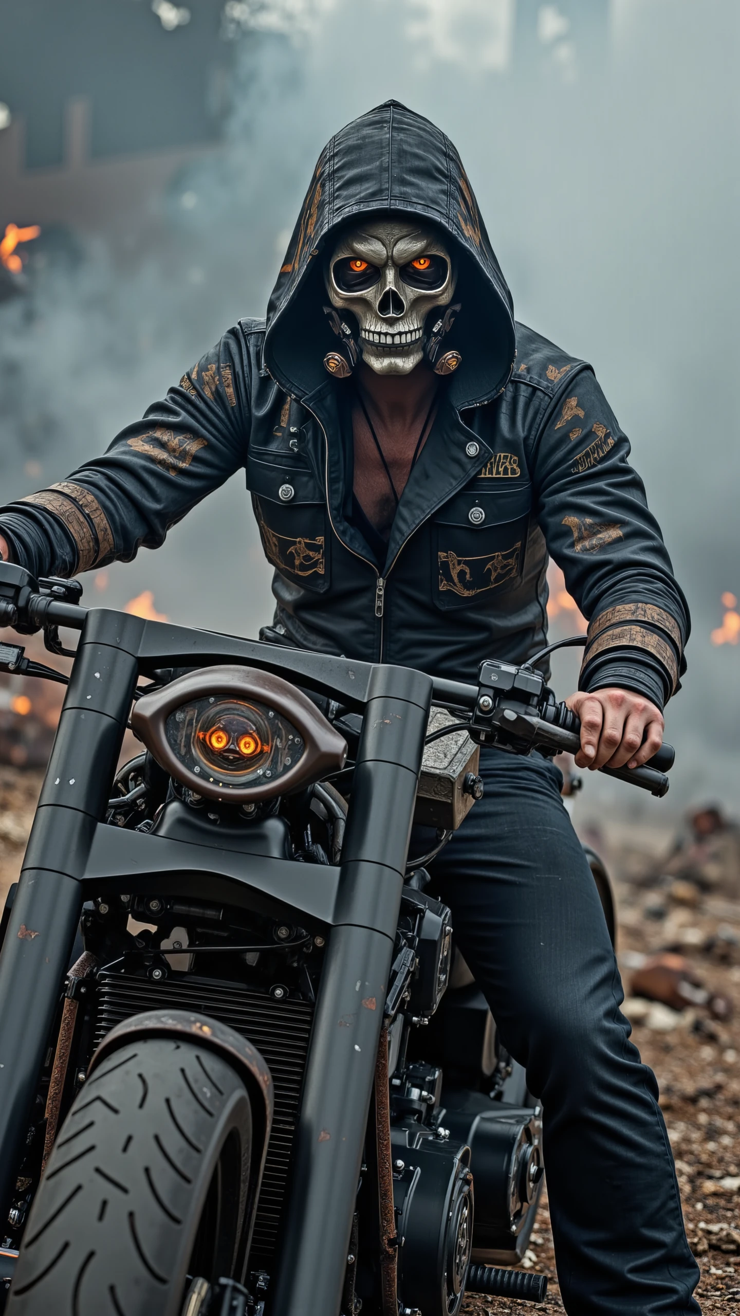 A gritty, post-apocalyptic scene featuring a masked rider sitting on a ,NGT,custom Harley-Davidson V-Rod. The rider is adorned in a tattered, hooded cloak with dark, weathered fabric, resembling a wasteland warrior. Their face is hidden behind a menacing skull gas mask with glowing amber eyes, exuding an intense and haunting presence. The custom V-Rod is equally rugged, with worn metal detailing, rust accents, and powerful modifications, designed to handle the harshest environments. Smoke swirls around the scene, shrouding the rider and bike in mystery, with embers subtly glowing in the air. The rider’s tattooed arms rest on the V-Rod’s handlebars, and the dark, cracked texture of their gear blends with the grim aesthetic of the surroundings. The atmosphere is ominous and intense, capturing a sense of rebellion, survival, and raw power.