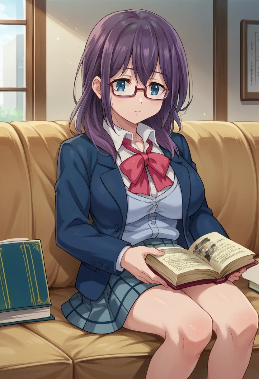 score_9, score_8_up, source_anime, 1girl, solo, TaekoNagafuji, long hair, glasses, red bowtie, blue blazer, cardigan, grey skirt, plaid skirt, indoors, sitting, on couch, reading book, <lora:ChamTaekoNagafujiPonyXL:1>