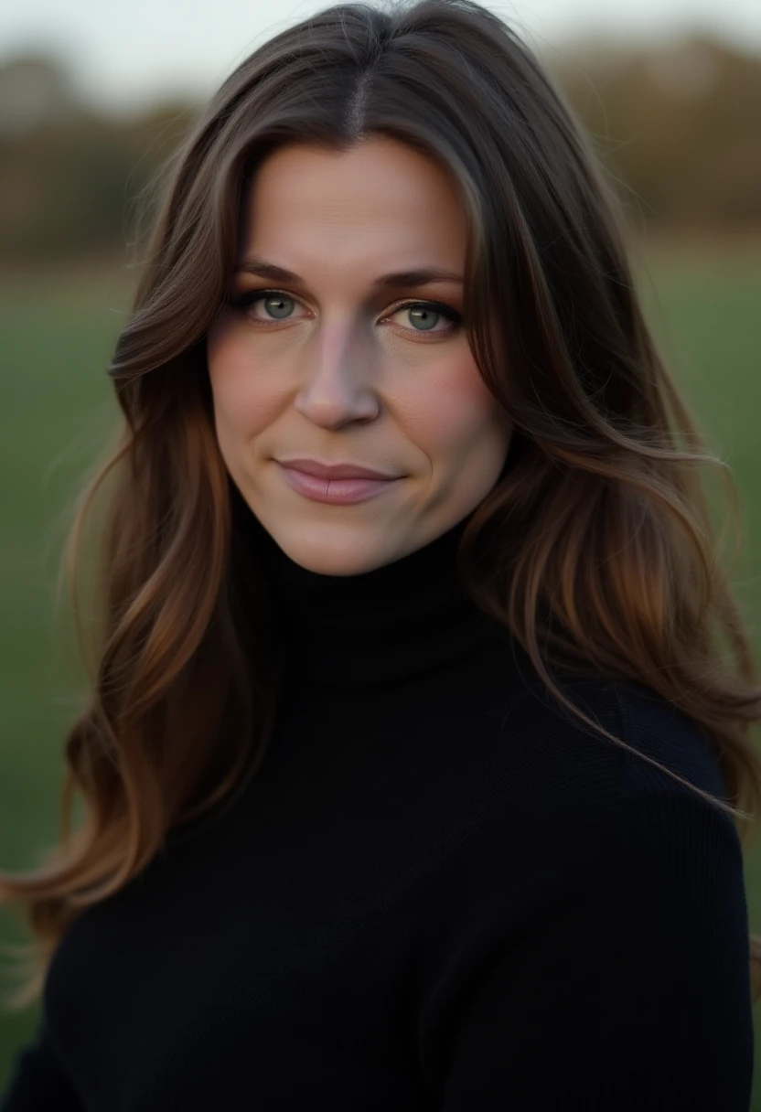 subtle grain, cinematic quality, professional portrait of a woman, black turtleneck sweater, makeup, long wavy brown hair, fine art photography, film still, movie scene, outdoors, smile,