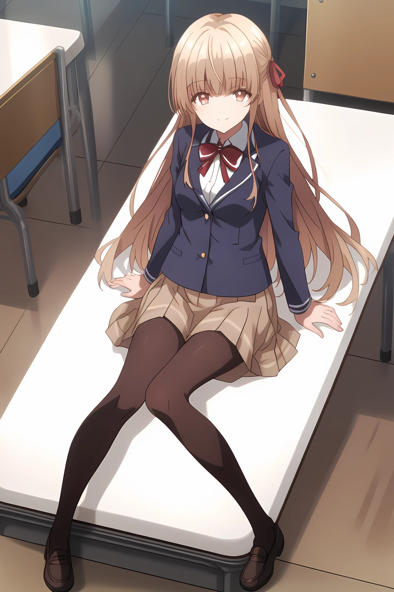 school uniform brown skirt pantyhose blue blazer red ribbon, an-mahiru, medium breasts, 1girl, solo, skinny, masterpiece, high quality, (full body|sitting|standing|lying), indoors, light smile, score_9, score_8_up, score_7_up, source_anime, anime, anime style, long hair <lora:an-mahiru-pony-V01-000004:0.90>