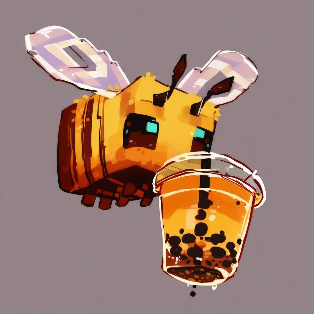 score_9_up, score_8_up, score_7_up, source_furry, Bee, Minecraft bee, pixel style, square Bee, bubble tea, simple background