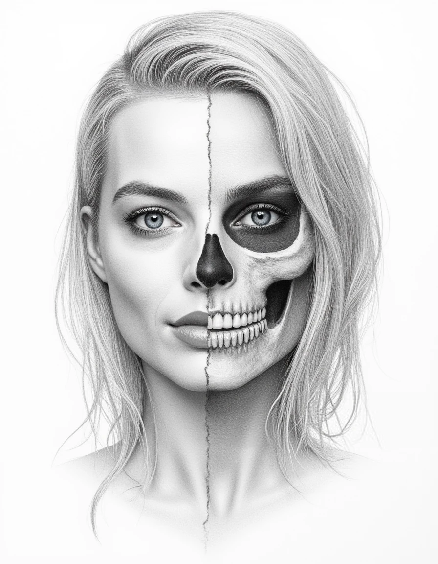 Detailed realistic drawing of the face of a woman facing the viewer but the left half of her face is skull while the right side of her face is normal. She has no hair on the left side of her face only a skull and also her eye-socket is hollow on the left side.   <lora:Margot_Robbie_2016_FLUX_v1-000037:1>