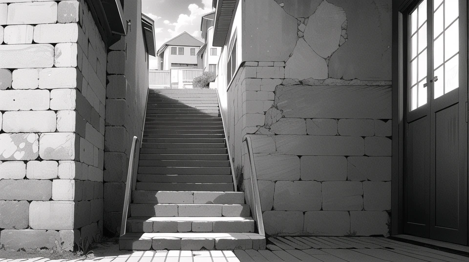 masterpiece, best quality, manga, greyscale, girls, Impasto,anime scenery,clear sky, sunny,clouds,houses,windows,((stairs)),rock wall,bricks,garden,plants <lora:Manga:1>