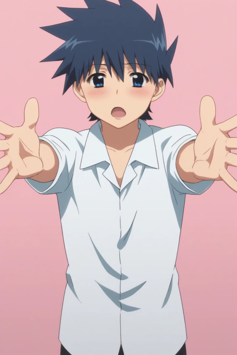 score_9, score_8_up, score_7_up, score_6_up, masterpiece, best quality, amazing quality, best aesthetic, absurdres, intricate details,
keita suminoe, blue hair, blue eyes, 1boy, solo, male focus, blush, open mouth, a certain high school uniform, outstretched arms, spiked hair, pink background, shirt, school uniform<lora:EMS-464867-EMS:1.000000>