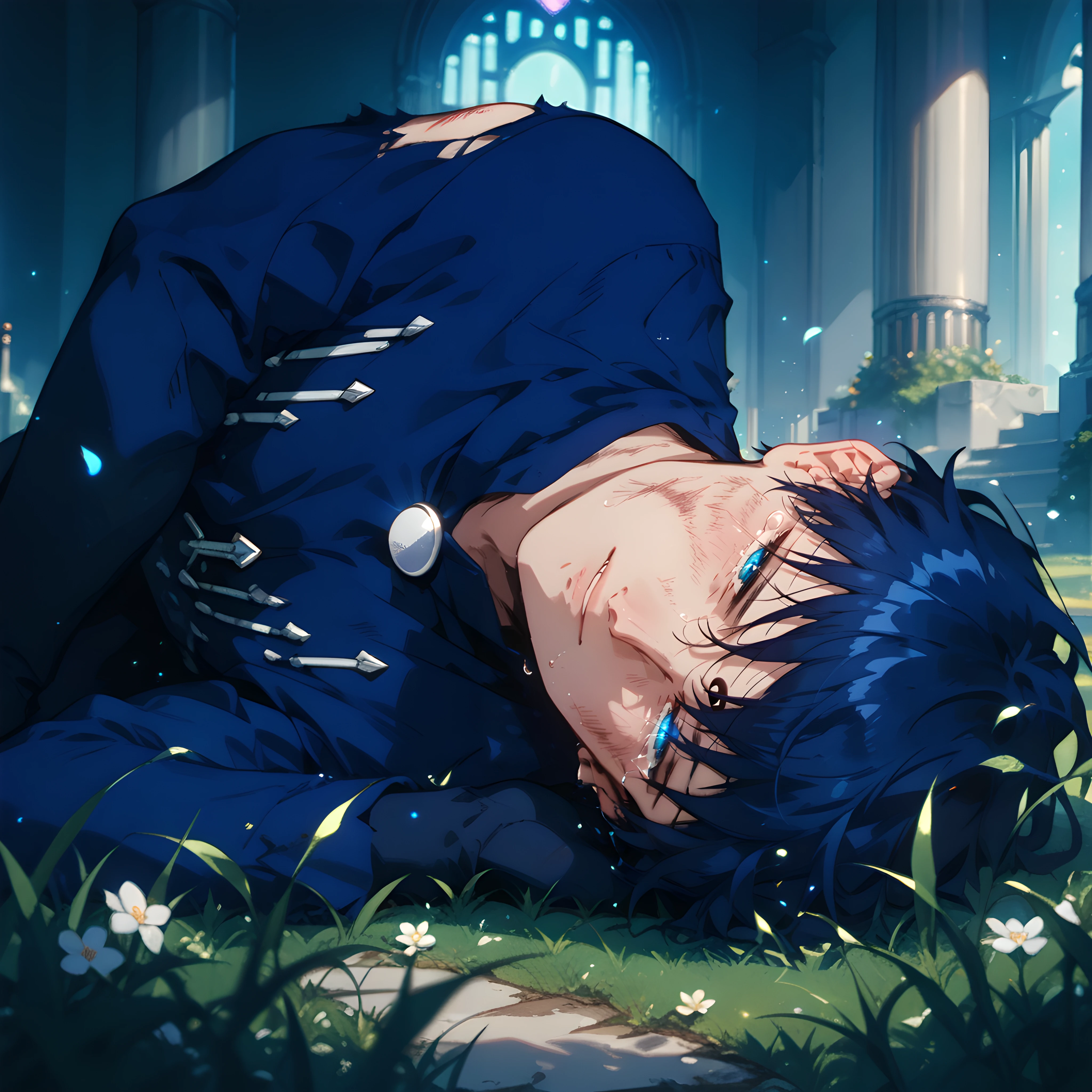 score_9, score_8_up, score_7_up, score_6_up, score_5_up, score_4_up, 1boy, male focus, looking at viewer, <lora:Sapphire_Sailor_Moon:0.9> sapphire, happy_tears, blue hair, blue eyes, crescent facial mark, slim, glowing eyes, lying on the ground, wounded, clothes torn, lots of details, best aesthetic, masterpiece, best quality, absurdres