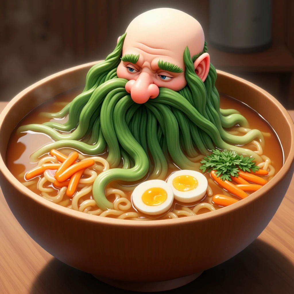 Studio Ghibli style, spirited away, cartoon style, magical, Harry_Dwarf made of vegetables, dwarf-like, flowing long bokchoy beard, braided carrot moustache,bald, bangles,  beautiful lighting, in a bowl of vegetable ramen, clear broth, clear water, ramen, swimming in soup, wooden bowl, on top of a table, floating carrots and cabbage, egg halves, split egg, hard boiled egg