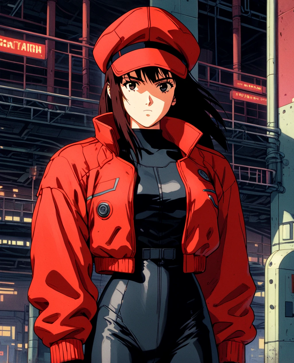 1girl, solor, female focus, a woman in a red hat and red jacket standing in front of a factory with a red tower in the background, Ayako Rokkaku, anime visual, cyberpunk art, retrofuturism <lora:RetroAnimeRedux_epoch_10:0.8> <lora:MJMangaSDXL:1> mj manga