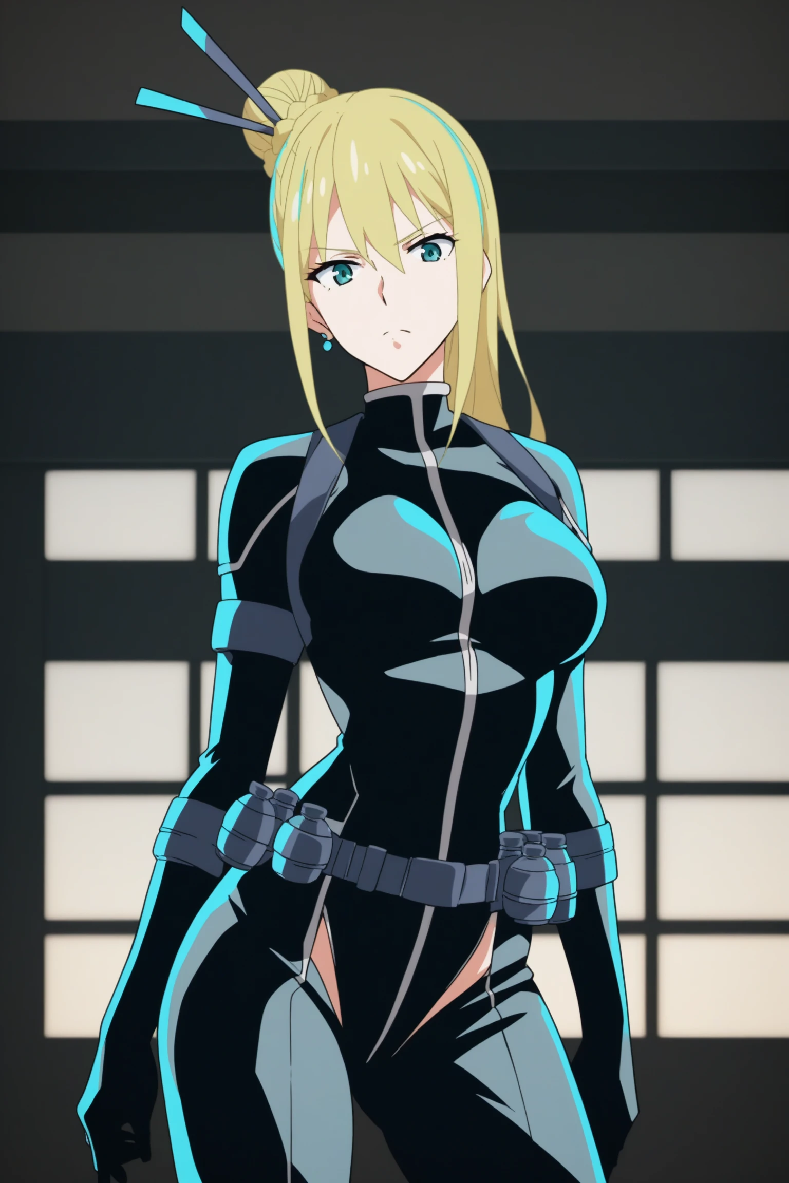 score_9, score_8_up, score_7_up, score_6_up, score_5_up, source_anime, rating_safe, medium breasts, indoors, 1girl, solo, looking at viewer, <lora:age_slider_v4:2>, (dynamic pose:1.2), nancy lee, blonde hair, hair ornament, hair stick, single hair bun, green eyes, black body suit, belt, leotard, high heels, <lora:Nancy_Lee:0.9>