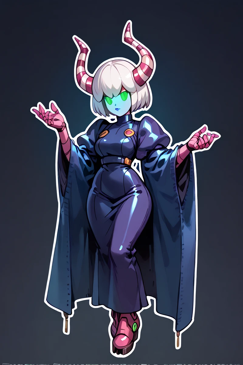 sticker art, full body view, blank background, rating_safe, score_9, score_8_up, score_8, score_9, score_8_up, score_7_up, score_6_up, embedding:zPDXL3, (wide hips, thicc, magenta rubber skin, cyborg, green glowing eyes, blue lipstick, black make up, horns, mechanical hooves, latex robe, clothed, short hair
crop hair, white hair, flirty expression, strong pose, paper_mario_style, (dot eyes, white outline:1.2)