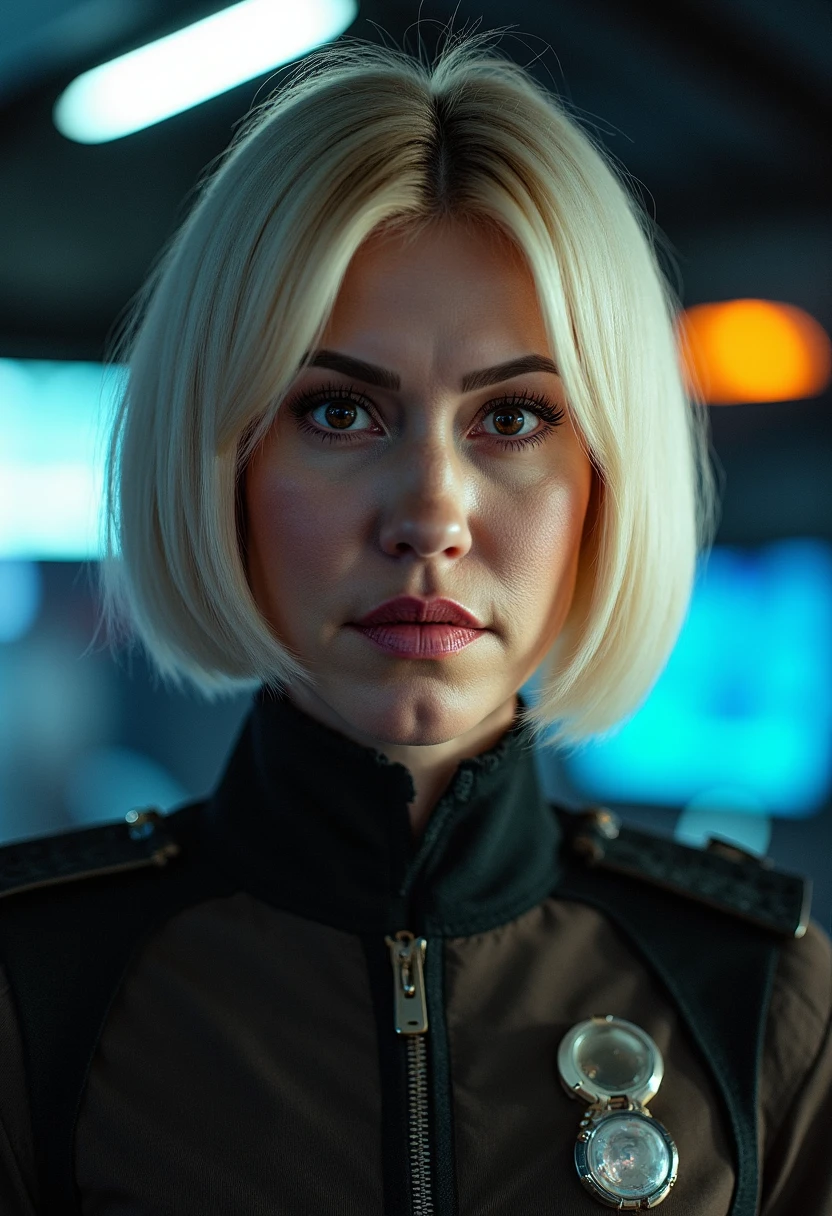 30 years old woman, makeup, black military outfit, high detail face, smile, seductive look, high detail hands, high detail eyes, blonde hair, white skin, ultrarealistic, Wolfenstein style photo, dark shot, full body photo