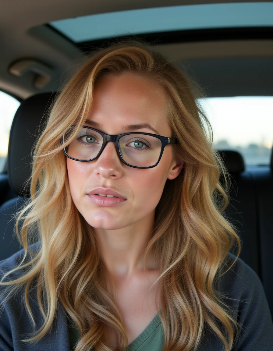 <lora:nobody_2_f1:1>  The image is a portrait of a young woman sitting in the back seat of a car. She has long, wavy blonde hair that is styled in loose curls and falls over her shoulders. She is wearing black-rimmed glasses and has freckles on her face. The woman is looking directly at the camera with a serious expression. The background is blurred, but it appears to be the interior of the car, with the sunroof visible on the right side of the image.