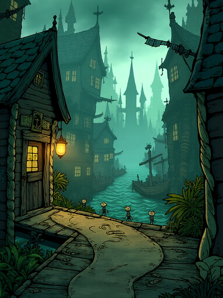 <lora:Marvelous_Misadventures_of_Flapjack_Style_-_FLUX:1> marvelous_flapjack, In the heart of a fog-drenched harbor town, a young adventurer with wide, curious eyes stumbles upon an ancient map etched into the rotting wood of an old dock. The map leads to a forbidden island where the trees are made of twisted candy canes, and the rivers flow with syrup. The town's quirky, eccentric inhabitants warn him of the dangers ahead, but the lure of sweet treasures is too strong to resist.