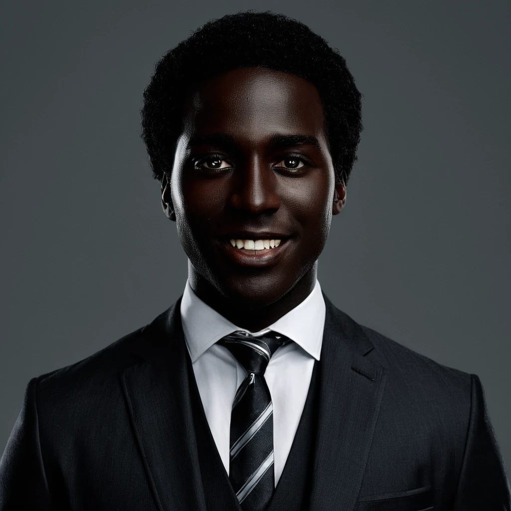 Hyperrealistic art of  <lora:skin tone style v4:0.9>
A cinematic Vantablack dark black skin tone shot of a man in a suit and tie with a black face, movie themed style, sharp, detailed, epic cinematic photorealism style, artistic creative style, dramatic cinematic light style, cinematic color style, skin tone style, Vantablack dark black skin tone style, matte style, solo, looking at viewer, smile, simple background, shirt, 1boy, jacket, white shirt, upper body, male focus, necktie, teeth, collared shirt, grey background, grin, black jacket, formal, suit, wing collar, black necktie, horror (theme), colored skin, evil smile, black skin
, Extremely high-resolution details, photographic, realism pushed to extreme, fine texture, incredibly lifelike