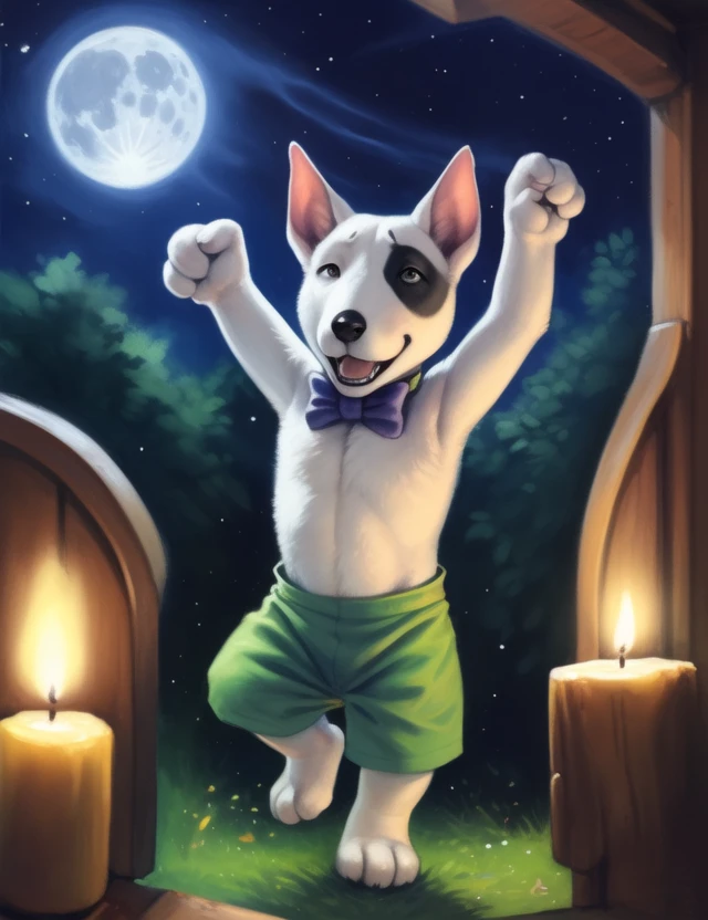 <lora:PochiDogTetsuYif:1> PochiDogTetsu, Bull terrier, green shorts, bow tie, black spot on the eye, chibi,
Looks at the viewer,   [ forest with ghosts, ((night)), moon, trees, stars,] view from above, teeth, grin, fingers, (((, four fingers,dance,)))
[ large window, (nature), forest, grass, day shining, clouds, flowers, blanket, blue pillows, candles, bed, pillows, ]
(beautiful, aesthetic, perfect, delicate, intricate, saturated colors), masterpiece, digital drawing, best quality,
[by kenket|by totesfleisch8], by thebigslick:by silverfox5213:0.8], [by syuro, by paloma-paloma::0.2, (Tricksta, TotesFleisch8)