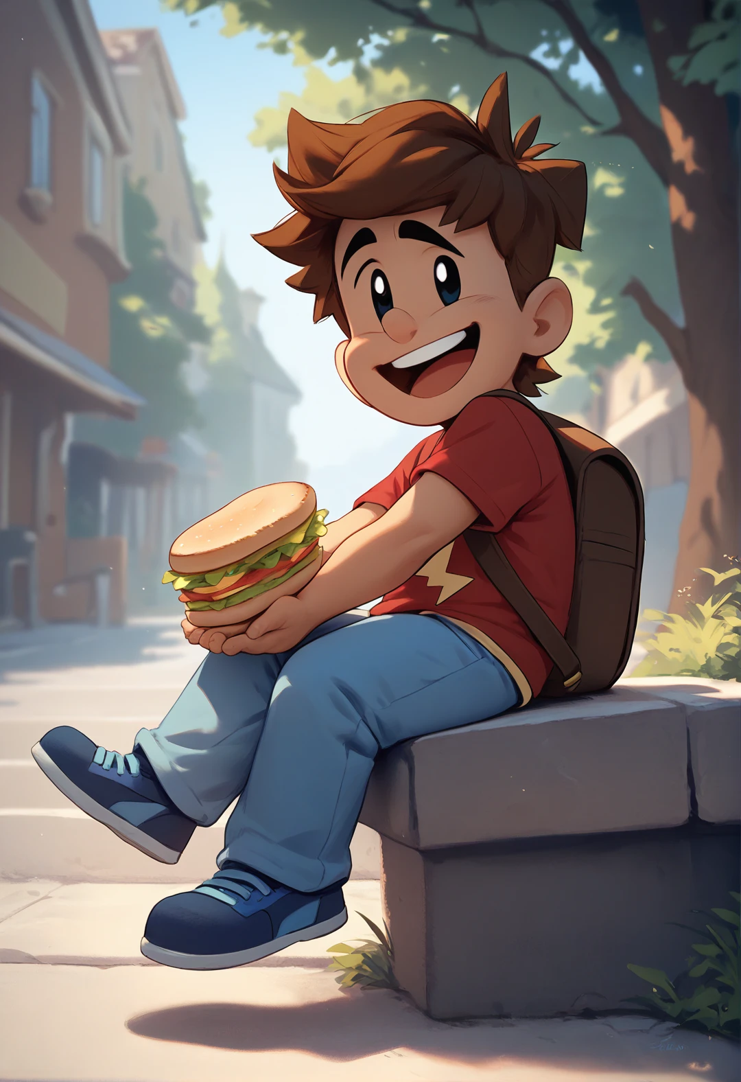 score_8, score_9 ,<lora:NAI3 Smooth Boys Style LoRA_Pony XL v6:0.5> , <lora:AJParker:1> ajparker, solo, brown hair, male focus, smile, red shirt, blue pants, full body,shortstack,black and blue shoes, far view, side view,  happy face, open mouth,looking at viewer,outside,sitting taken a sandwich out of his backpack,