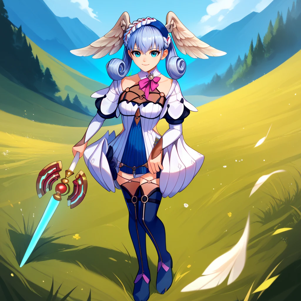 score_9, score_8_up, score_7_up, score_6_up, BREAK <lora:MeliaFConLora1.0:1>meliafc, head wings, crown braid, puffy sleeves, juliet sleeves, long sleeves, o-ring, short dress, thighhighs, dress,medium breasts,holding staff
,smile,closed mouth,looking at viewer
outdoors,grass,field