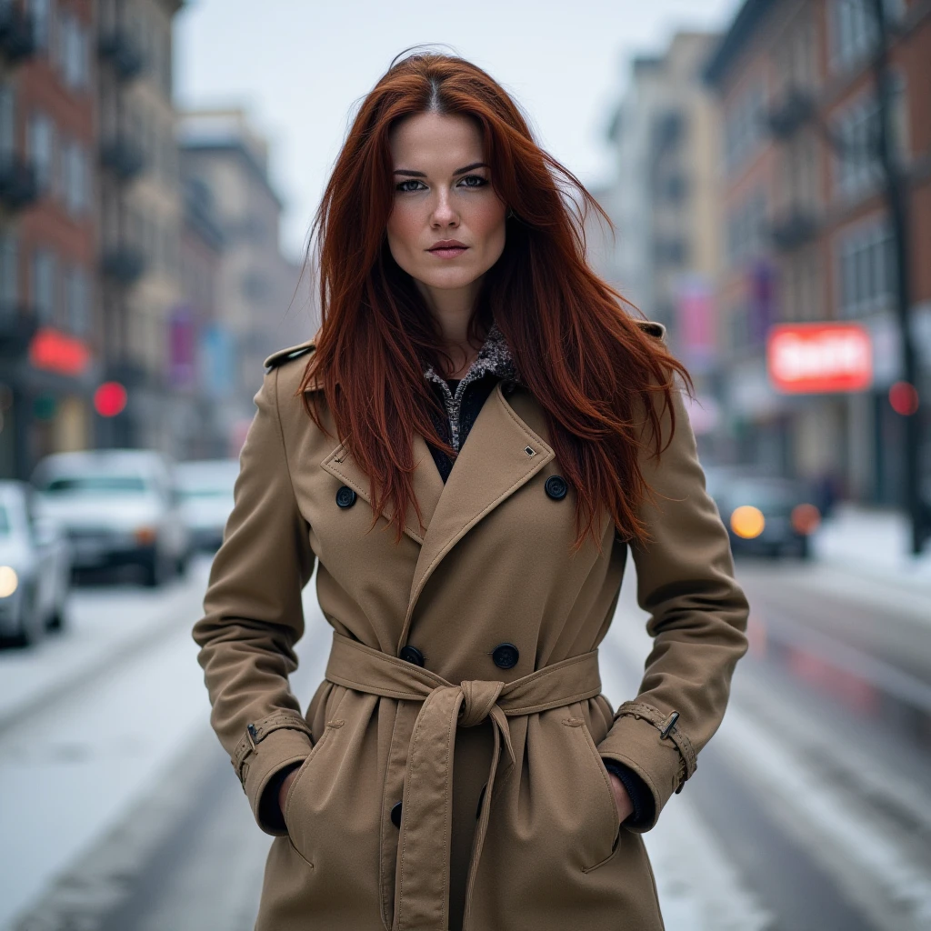 she is wearing a trench coat, red hair in a snowy street