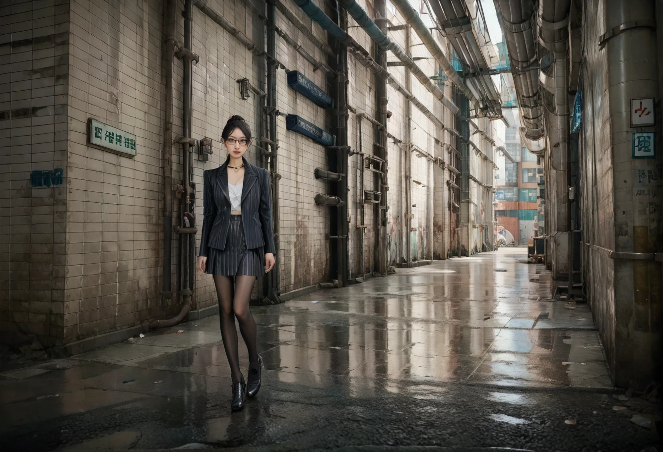 ,ruanyi0888,industrial pipe,alley,,ruanyi0856,striped jacket,choker,black pantyhose,striped skirt,glasses,black skirt,pinstripe pattern,
cowboy shot,<lora:0888 aisle_v1_pony:0.8>,<lora:0856 OL professional suit skirt 1_v1_pony:0.7>, score_9,score_8_up,score_7_up,,8k,1girl,solo,,