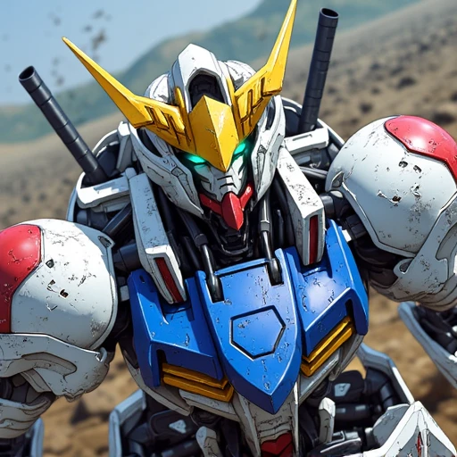 The image depicts a detailed and dynamic illustration of a Gundam, specifically Gundam Barbatos from the anime Mobile Suit Gundam: Iron-Blooded Orphans. This powerful mecha is portrayed in a close-up action shot, emphasizing its imposing and battle-worn appearance.  Gundam Barbatos features a distinct design with a white and blue color scheme, accented by gold and red details. The mecha's head is particularly striking, with a prominent yellow V-fin crest that is characteristic of many Gundam designs. Its eyes glow a vibrant green, adding to the intensity and life-like presence of the machine. The head unit also has a faceplate that suggests a fierce and determined expression, fitting for a battle-hardened warrior.  The armor plating on B4RB4T0S appears worn and weathered, with visible scratches and damage, indicating that it has seen many battles. The chest area is reinforced with blue armor, and the overall structure of the Gundam is muscular and robust, reflecting its strength and combat capabilities.  In the background, there are blurred elements that suggest a chaotic battlefield, with dark, smoky skies and hints of fire or explosions, adding to the dramatic atmosphere of the scene. The lighting and shading in the image are expertly done, creating a sense of depth and realism, while also highlighting the metallic surfaces of the Gundam.  Overall, the image captures the essence of Gundam Barbatos as a powerful and relentless war machine, ready to engage in fierce combat. The detailed rendering and dynamic composition emphasize the Gundam's role as a central figure in the struggle depicted in Iron-Blooded Orphans.