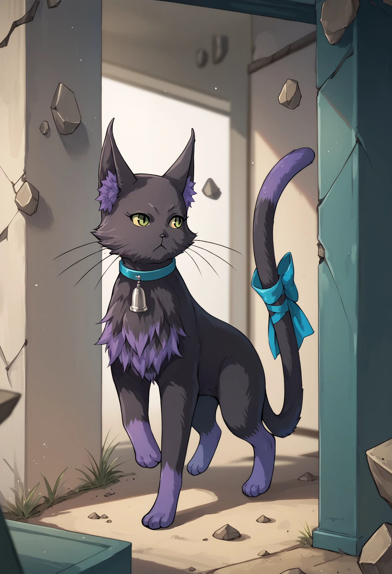 walking towards,
c3line,cat,feral,black fur,purple fur,chest tuft,inner ear fluff,bell collar,tail, tail bow,whiskers,
score_9,score_8_up,score_7_up,score_6_up,score_5_up <lora:Celine_millstein_v1_ed:1> <lora:NokotanEnteringClassroomMeme_pdxl_Incrs_v1:1> NokotanEnteringClassroom, broken wall, stone