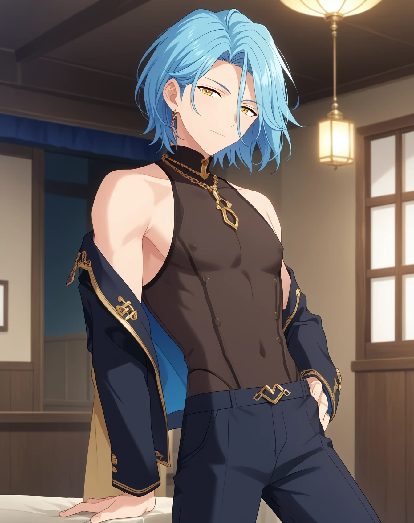 absurdres, highres, ultra detailed, super fine illustration, best quality, 1boy, perfect anatomy, male focus, solo, (dark-skinned:0.8) male, silver hair, long hair, black bikini, bare shoulders, bare arms, bare legs, &lt;lora:_L2090:-0.6&gt; &lt;lora:flat:-0.2&gt;