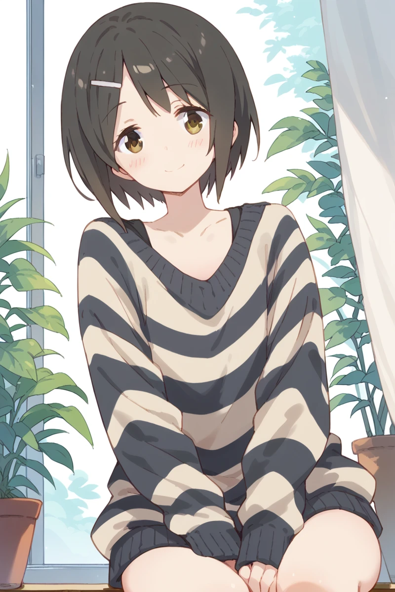 score_9, score_8_up, score_7_up, score_6_up,
 <lora:Kaede_Ikeno:1> kaede, 1girl, solo, hair ornament, short hair, smile, hairclip, black hair, sweater, brown eyes, striped, looking at viewer, blush, no pants