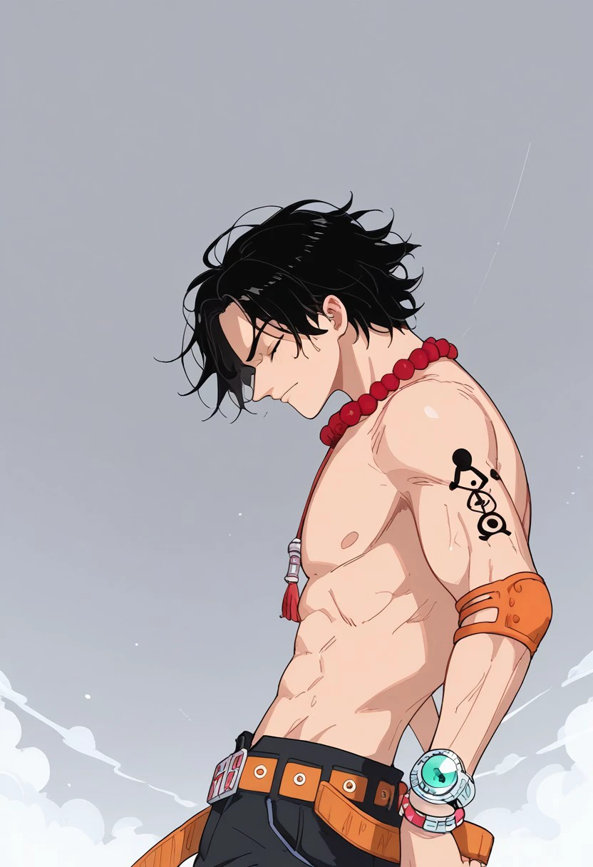 score_9, score_8_up, score_7_up, source_anime, rating_safe, AceOP, black_Ace_hair, closed eyes, 1boy, male focus, anime screencap, headwear removed, red_Ace_bead_necklace,  black_Ace_single shoulder tattoo, orange_Ace_single elbow pad, orange_Ace_belt, black_Ace_shorts, grey_Ace_single wristwatch, hands with five fingers, from side, upper body,