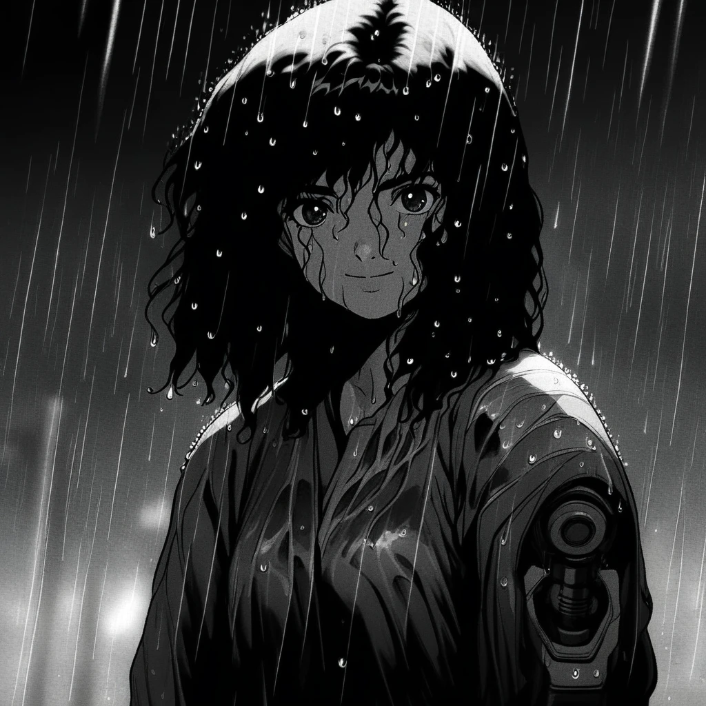 1girl, monochrome, greyscale, raining, wet, looking at viewer, medium hair, furrowed eyebrows, single mechanical arm, loose clothes, solo, smile,