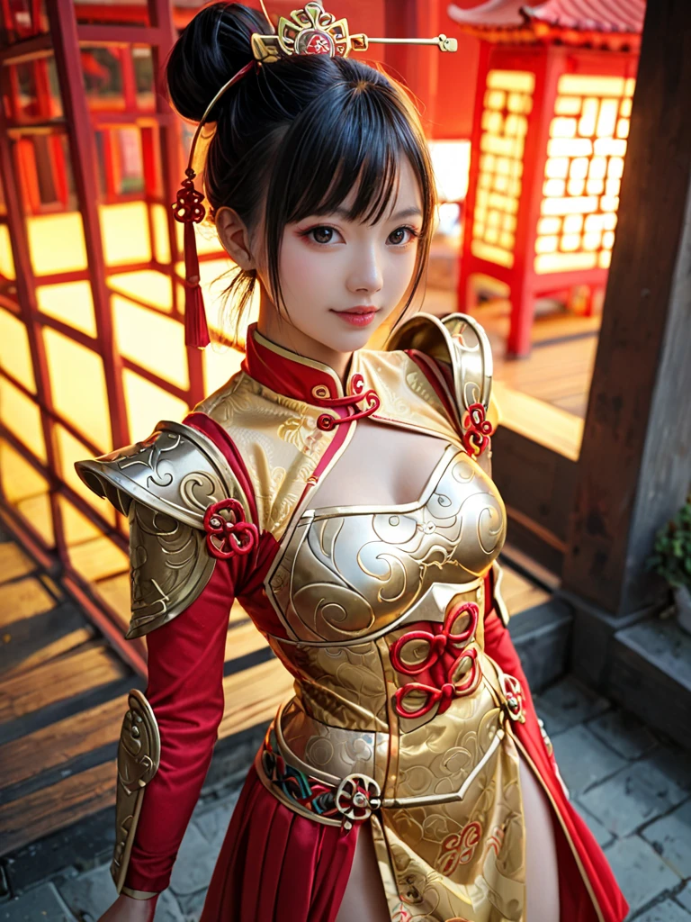 ( bangs, blunt bangs, brown hair, split ponytail, Depth of written boundary, f/4.0, 135mm, Nikon, uhd, masterpiece, Textured skin, Super detailed,4K,Wide-area lighting),(Beautiful woman: 1.4、Very white skin、Fine grain、 double eyelid)、(((hair ornaments、Red leather armor that exposes a lot of skin、Bust Shot、Rin々Funny face、Sengoku period、Japanese-style building、Cool pose、Show from head to chest)))
