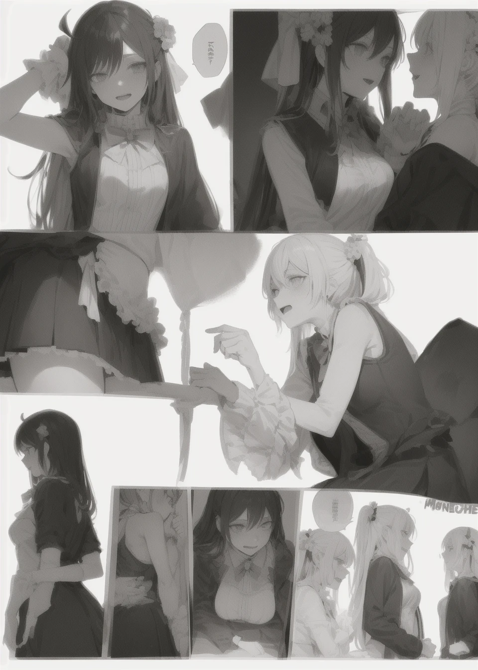 masterpiece,comic,((manga)),((black and white)),white background,lines, ((greyscale)), ( 2girls) ,facing another,<lora:Manga:0.8>