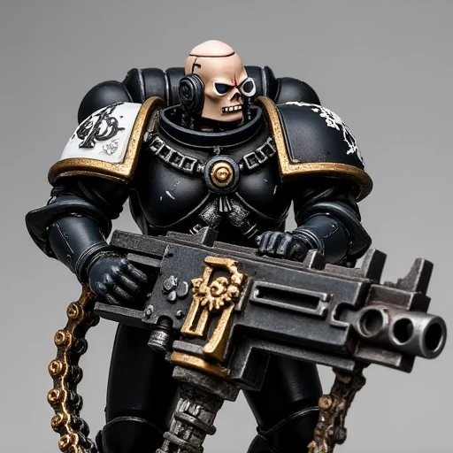 chain, holding, weapon, skull, bald, one-eyed, rifle, gun, a marine in power armor holding a heavy bolter machine gun