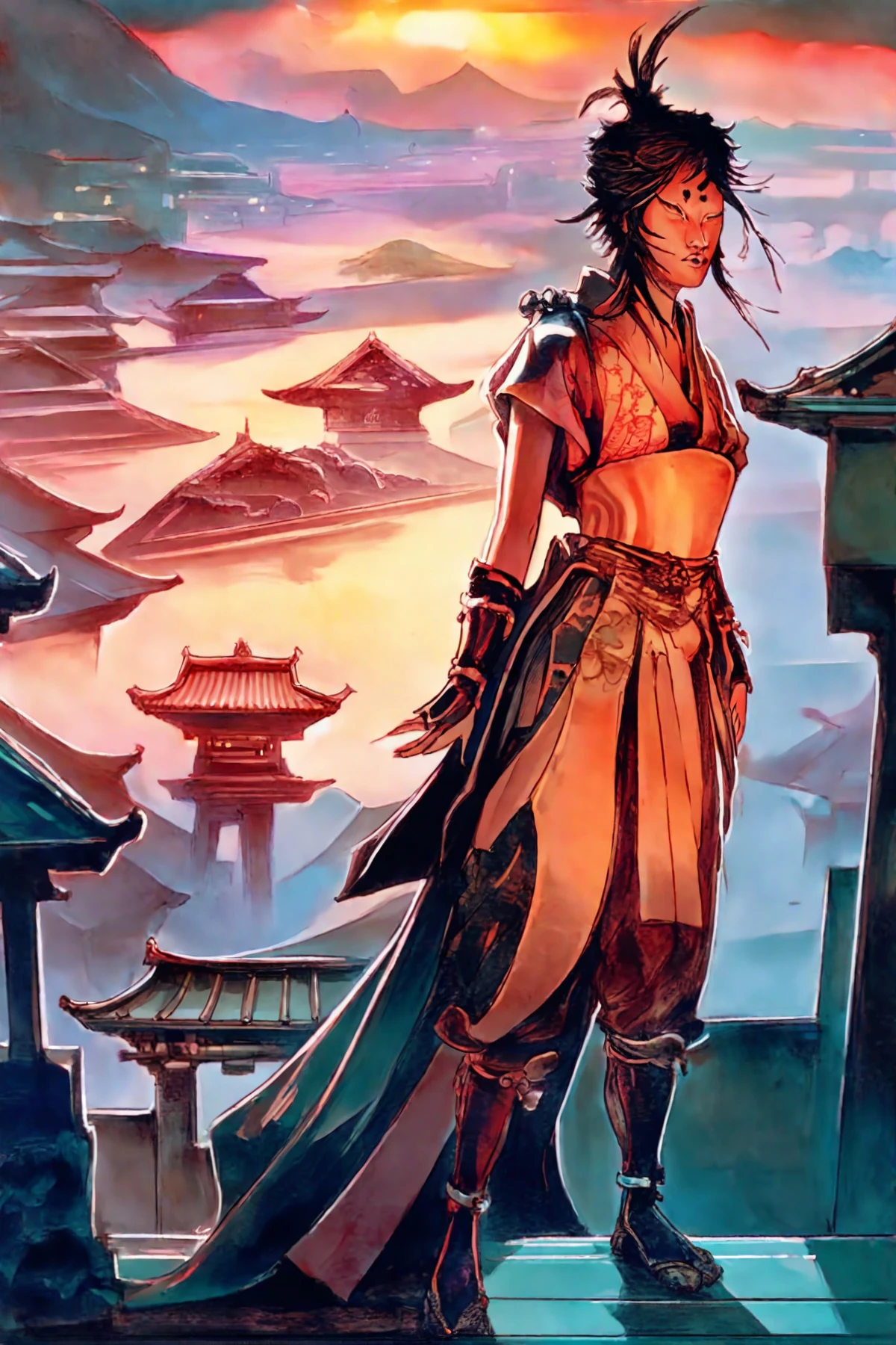 <lora:Mask-of-Fudo_pony_v1:1> fantasy art \(genre\),illustration \(style\),from "legends of the pierced veil: the mask of fudo" an illustration of a asian city witha sunset in the background, cityscape \(genre\),, score_9, score_6_up, score_7_up