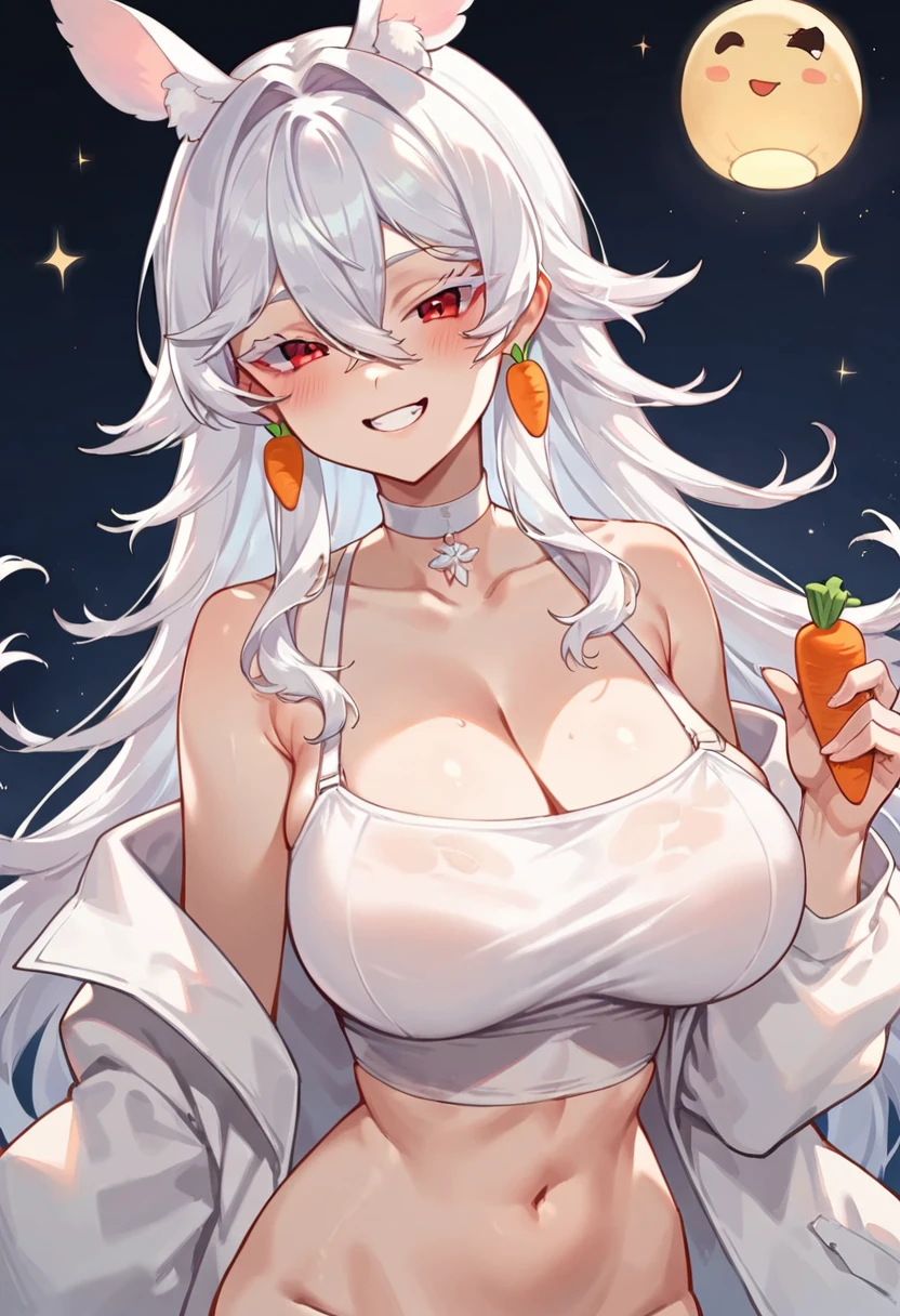 score_9, score_8_up, score_7_up, virtual youtuber, nous, (indie vtuber), carrot earrings, long hair, big breasts, breasts, looking at viewer, blush, smile, white hair, hair between eyes, hair intakes, red eyes, white eyelashes, colored eyelashes, white croptop, white choker, dynamic pose, posing for the camera, <lora:Character_Nous:0.35>  <lora:Style_Smooth Anime Style LoRA XL:1> <lora:Expressive_H:0.666>